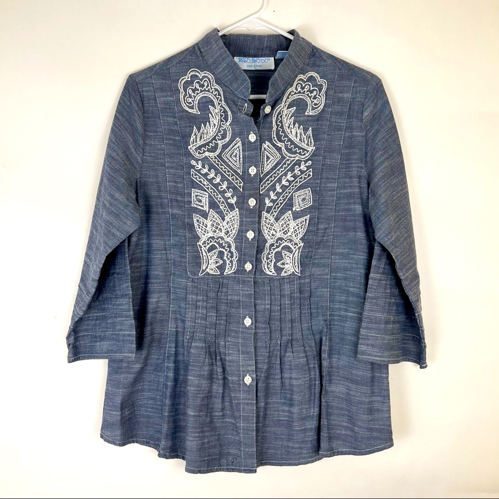 BLEU BAYOU denim 3/4 sleeve pleated front and cuffs beaded embroidered f…